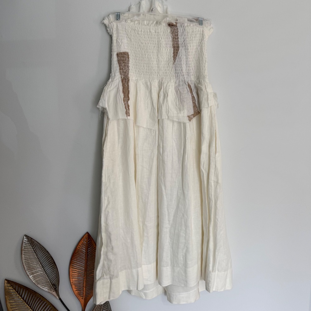 J4 Anthro Hemant & Nandita White Smocked Strapless Linen Midi Dress Lace Trim S - Picture 8 of 13